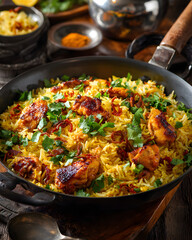 Traditional chicken biryani in a black pan, garnished with fresh cilantro and saffron rice, ideal for Indian cuisine and food presentation themes.
