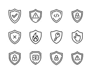 Minimalist security shield icon set with lock, alert, checkmark, bug, key, and privacy elements in black outline vector style for cybersecurity design