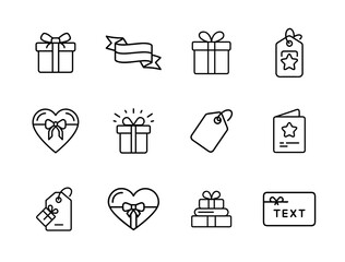 Gift icon set in silhouette style with wrapped boxes, ribbon tags, thank you cards, and minimal presents for holidays and celebration designs