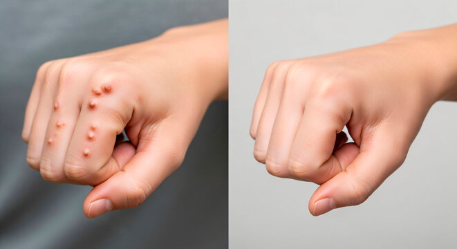 Caucasian woman's hand with severe wart before and after treatment, medical concept of skin health.