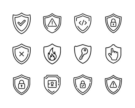 Minimalist security shield icon set with lock, alert, checkmark, bug, key, and privacy elements in black outline vector style for cybersecurity design