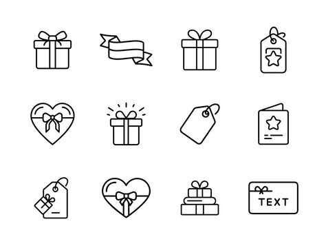Gift icon set in silhouette style with wrapped boxes, ribbon tags, thank you cards, and minimal presents for holidays and celebration designs