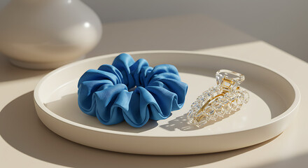 Silk scrunchie and glass hair clip arranged on ceramic tray with soft lighting
