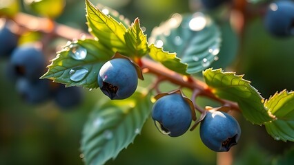 Close-up of blueberry plant leaves glistening with morning dew in soft backlight.