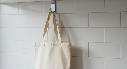 Simple cotton tote bag hanging on hook