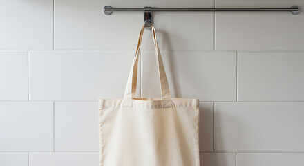 Simple cotton tote bag hanging on hook