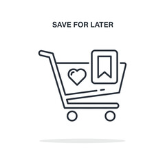 Simple line art illustration of a shopping cart with heart and bookmark icons, representing saving items.