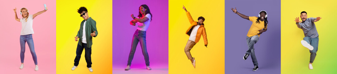 A lively collage showcases smiling, diverse individuals dancing against colorful backgrounds. Their joy captures the essence of unity and celebration, highlighting connections.