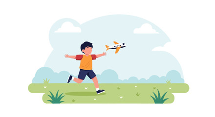 Boy Runs With Airplane Outdoors In Park On Summer Day Illustration