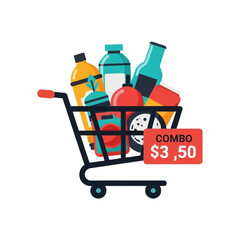 Colorful shopping cart filled with various food and drink items, featuring a combo price tag.