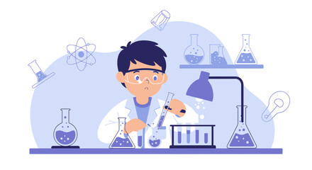 Boy Scientist In The Laboratory Doing Experiment And Working On Discoveries