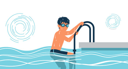 Athlete Climbing Out Of Swimming Pool After Exercise Training Session