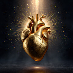 A glowing golden anatomical heart radiates light and sparkles against a dark, dramatic background.