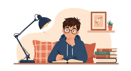 Boy Thinking And Writing In A Book Under A Table Lamp At Home