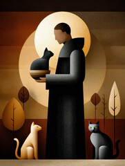A stylized figure in a dark robe holds a black cat, surrounded by two other cats and abstract autumnal trees, with a large glowing circle in the background.