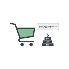 Illustration of a shopping cart next to a "Bulk Quantity" dropdown menu and stacked price tiers, representing bulk discounts and online shopping.