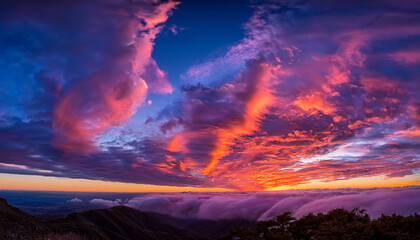 Naklejka premium vivid swirls of colorful clouds transition from deep purple to vibrant orange as bright sunlight breaks the horizon creating an enchanting atmosphere on a clear morning