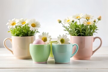 Spring Daisy Flowers in Pastel Mugs for Easter Decor