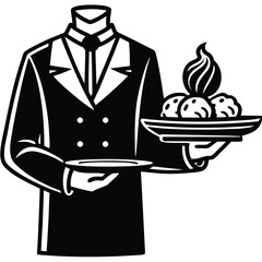Minimalist line drawing of hand holding tray with food and drink