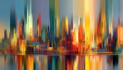 Obraz premium Abstract city skyline sunrise, waterfront reflection, urban art, decor