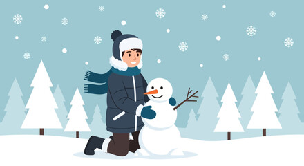 Boy Builds A Smiling Snowman Outside During Winter Snowy Season