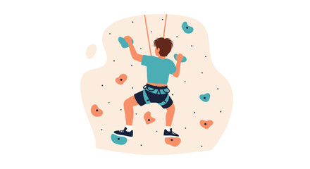 Boy Climbing Indoor Climbing Wall With Harness And Safety Ropes Top View