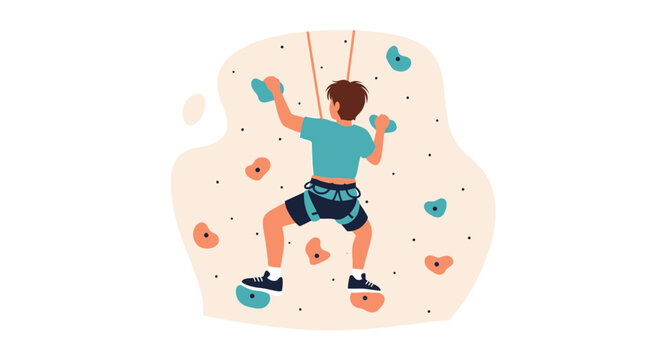 Boy Climbing Indoor Climbing Wall With Harness And Safety Ropes Top View - Powered by Adobe