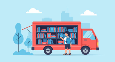 Cartoon Boy With Backpack Selecting Book From A Mobile Library Truck Outdoors