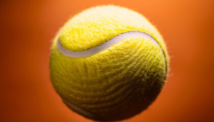 close up of a textured yellow tennis ball suspended against a warm orange background highlighting the ball s fuzzy surface and curved white seam in soft light