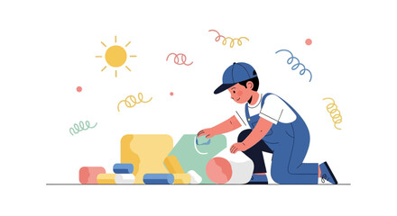 Fototapeta premium Boy In Overalls Arranging Or Cleaning Toys With Abstract Elements Design