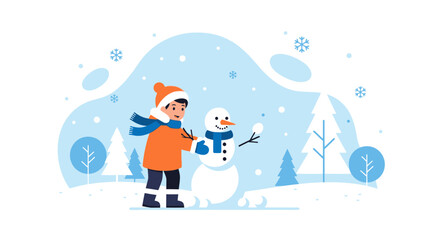 Boy Is Building A Snowman On A Snowy Day Winter Fun Illustration