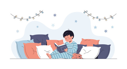 Child Reading A Book With Pillows And Lights In Bedroom Illustration