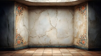 Empty room with ornate, distressed walls and tiled floor.