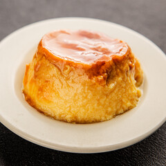 caramel cream dessert flan pudding sweet dessert fresh delicious gourmet food background on the table rustic food top view copy space
