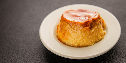 caramel cream dessert flan pudding sweet dessert fresh delicious gourmet food background on the table rustic food top view copy space