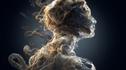 an abstract portrait made of floating chromosomal structures shaped like ancestral glyphs, hovering over a translucent human form, ancestral resonance theme 