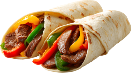 Beef fajitas with bell peppers isolated on a white background