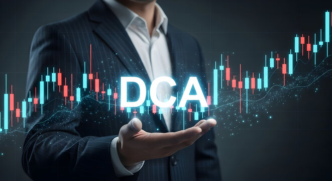 Professional presenting DCA investment strategy with rising stock market data visualization