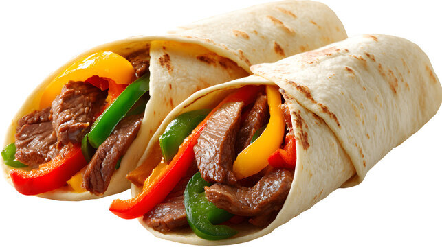 Beef fajitas with bell peppers isolated on a white background