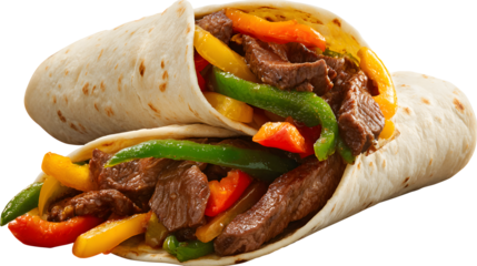 Beef fajitas with bell peppers isolated on a white background