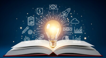 Bright idea illuminates open book with business icons startup