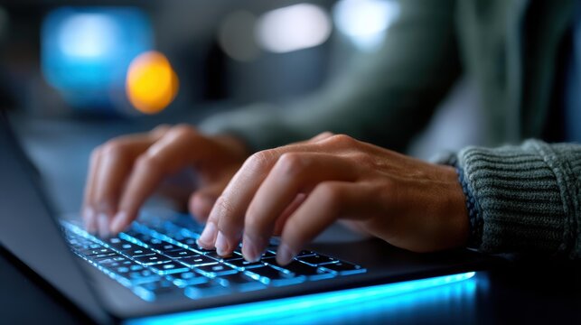 A data scientist works on a laptop, analyzing financial data with a sleek, futuristic virtual interface for global business. - Powered by Adobe