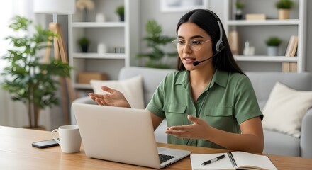 Engaging woman leading a vibrant virtual meeting from home office