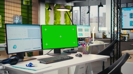 Contemporary office space with copy space dual monitors computer, empty workstation used for professional management and business growth objectives. Multinational company tasks.