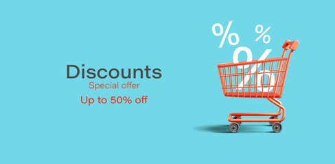 Realistic shopping cart with percent signs, 3D. Blue banner for discount concepts, and special offers on goods and products. Vector illustration.