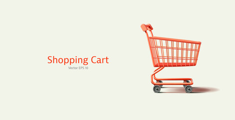 Empty 3D shopping cart. Realistic image for product and goods advertising concepts, shopping in hypermarkets, supermarkets, stores. Vector illustration.