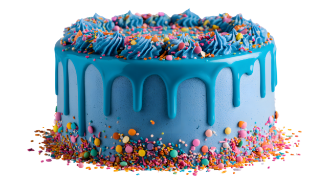Birthday Cake with a blue ganache drip and colorful sprinkles isolated on a white background