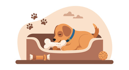 Delightful Dreamland Puppy Resting Peacefully With Toy Bone In A Cozy Dog Bed