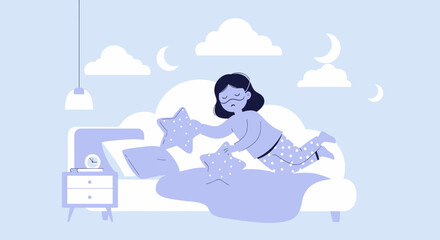 Obraz premium Dreamy Slumber Night Scene Of Woman Sleeping With Starry Pillows And Moon