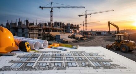 Overview of a housing development project featuring design sketches and construction equipment.